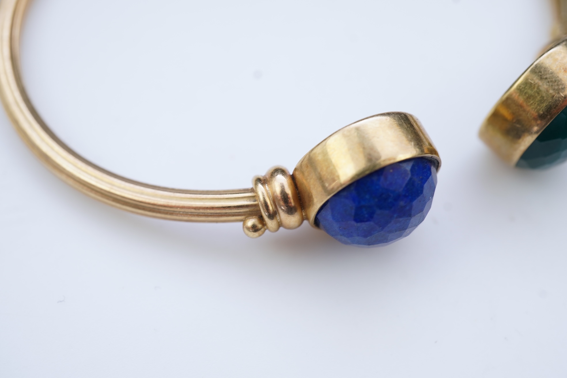 A gold, lapis lazuli and green chalcedony bangle